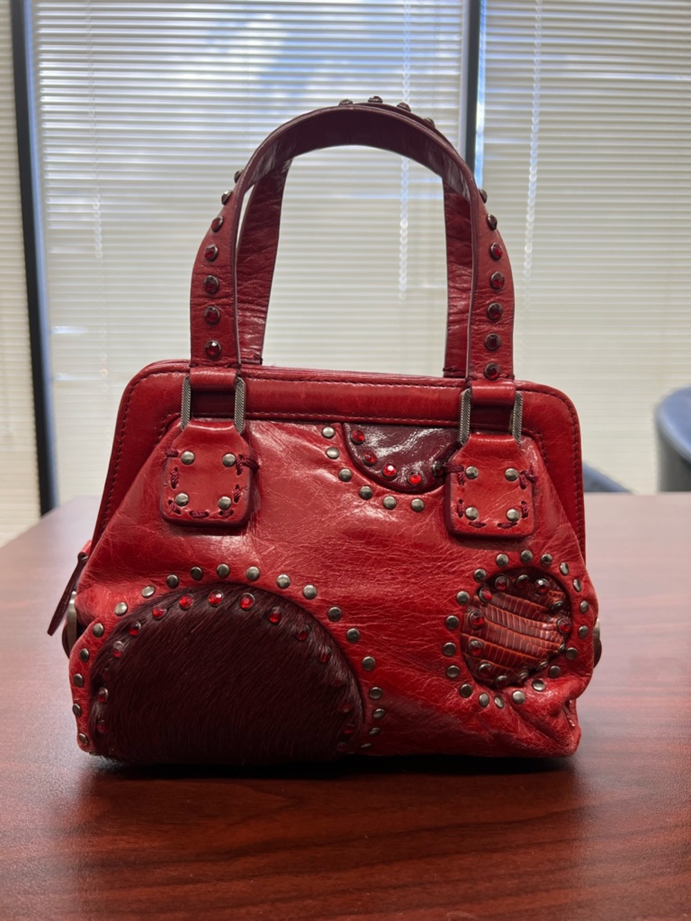 Francesco Biasia Red Studded Leather Satchel